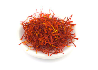 Dry Saffron Spice on a Plate Isolated on White Background.