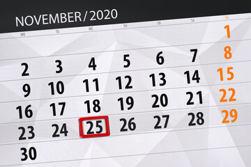 Calendar planner for the month november 2020, deadline day, 25, wednesday