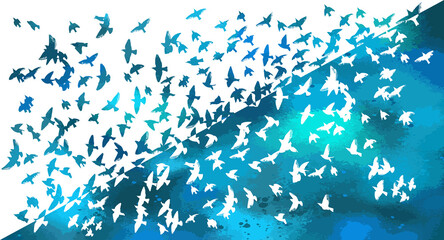 Bird watercolor. A flock of colorful birds. Mixed media. Vector illustration