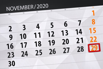 Obraz premium Calendar planner for the month november 2020, deadline day, 29, sunday
