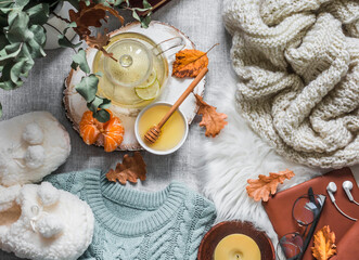 Cozy home still life - soft slippers, knitted sweater, plaid, green tea with honey, tangerines, books on a light background, top view. Autumn and winter relaxing mood. Flat lay