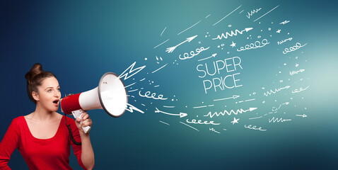 Young girl screaming to megaphone with SUPER PRICE inscription, shopping concept