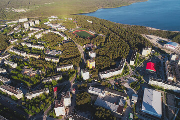 Aerial Townscape of Town Poliarnye Zori located in Northwestern Russia
