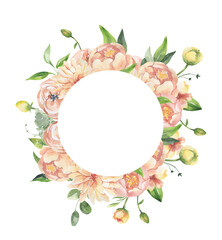 Fototapeta na wymiar Watercolor floral illustration - leaves and branches frame with flowers and leaves for wedding stationary, greetings, wallpapers, background. Roses, green leaves. High quality illustration