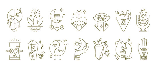 Boho symbols. Mystic astrology spiritual icons with moon alchemy hand and eye abstract ornamental elements. Collection of contour pentagrams, outline emblems for decoration. Vector flat isolated set
