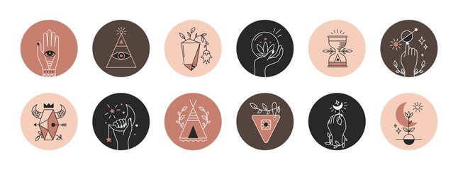 Mystical highlights. Boho social media post covers, astrological and mythological abstract elements. Collection spiritual icons with moon alchemy, hands and eyes. Vector magic round ornamental set