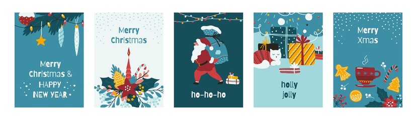 Christmas greeting cards. Xmas posters and banners with cartoon winter holiday collection of fir tree, home decoration and presents. New Year postcards, funny text and traditional wishes, vector set