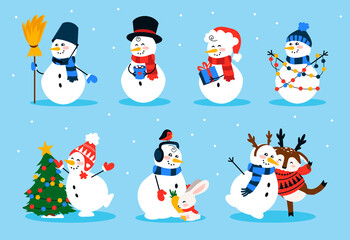 Cute snowman. Cartoon winter Christmas character collection of funny snowmen wearing gloves hat and scarf. Winter symbol in different costume with fir tree, deer and rabbit vector isolated holiday set