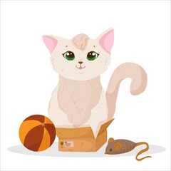 cute and fluffy kitten sitting in a box, pet, white plump cat with green eyes, vector illustration isolated on a white background