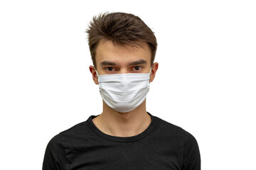 Man with mask isolated on white background. Illness and virus protection symbol.