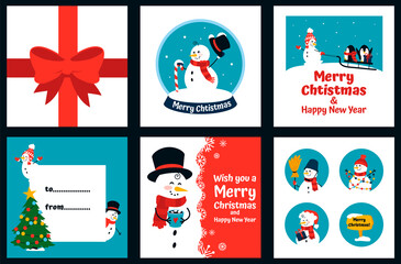 Snowman greeting card. Christmas cartoon character, snow and snowflakes. Collection New Year posters with winter figures, fir tree and penguins. Signing postcard template, vector Xmas web banners set