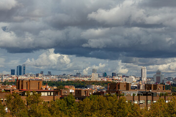Madrid skyline landscape with storm clouds in autumn