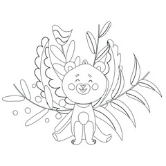 Cartoon bear in a floral background. Vector illustration. Black and white illustration