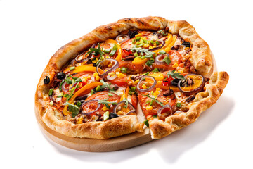 Pizza with ham, mozzarella, champignon and corn on white background
