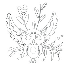 Cartoon owl in a floral background. Vector illustration. Black and white illustration