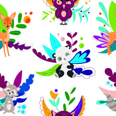 Pattern of cartoon animals with a floral print. Panda, owl, deer