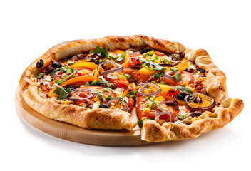 Pizza with ham, mozzarella, champignon and corn on white background
