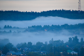 morning city in blue dense fog landscape landscape