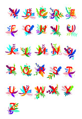 English alphabet and floral print. Colorful vector illustration