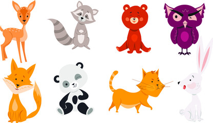 Cartoon animals. Bear, fox, cat, raccoon, hare. Vector illustration