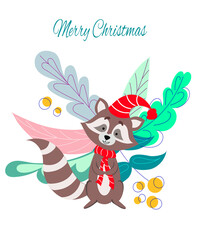 Cartoon raccoon and flower background. Christmas card. Vector illustration.