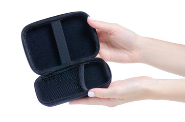 Black bag organizer for technology in hand on white background isolation