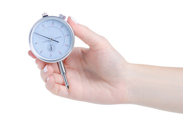 Dial indicator Pressure measuring instrument in hand on white background isolation