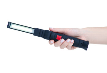 Camping LED Flashlight in hand on white background isolation