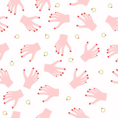 Seamless pattern with female hands and palms together with golden rings