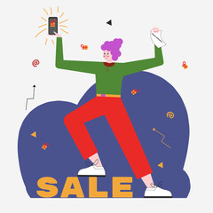 Sale of phones. Buy a phone as a gift. The girl advertises the phone with a discount. Vector illustration