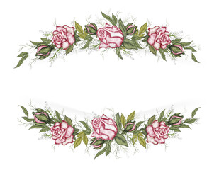 banner of pink roses, leaves with space for the text. hand-drawn flowers isolated on a white background. romantic bouquet for greeting cards, invitations, posters, greeting design. vintage style