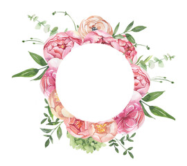 Watercolor floral illustration - leaves and branches frame with flowers and leaves for wedding stationary, greetings, wallpapers, background. Roses, green leaves. High quality illustration