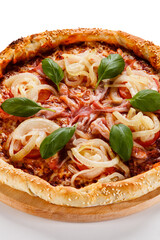Pizza with ham, mozzarella, champignon, tomatoes and onion on white background
