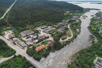 Fototapeta na wymiar Aerial Townscape of Suburb of the Town Kandalaksha located in Northwestern Russia