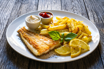 Fish dish - fried cod fillet with French fries and vegetable salad on wooden table
