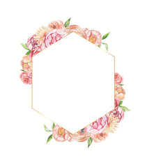 Watercolor floral illustration - leaves and branches frame with flowers and leaves for wedding stationary, greetings, wallpapers, background. Roses, green leaves. High quality illustration