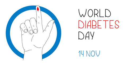 Banner or poster for World Diabetes Day. Human hand with lifted up index finger and drop of blood as symbol of measurement of sugar level. Medical illustration on health care awareness campaign