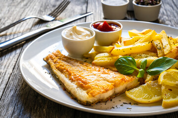 Fish dish - fried cod fillet with French fries and vegetable salad on wooden table
