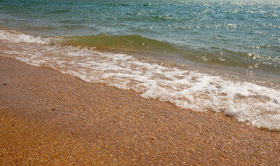 Waves roll over the sandy shore. The white lambs of the waves disappear into the sand.