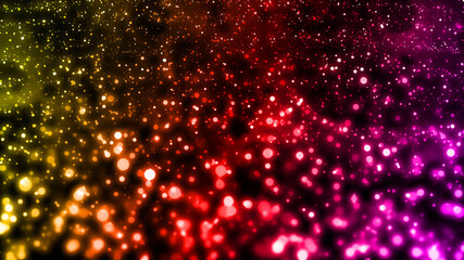 Yellow, red, purple glitter with bokeh effect. Abstract multicolored, colorful shiny dust. Bright decorative background and wallpaper.