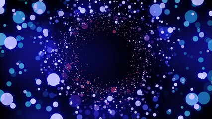 Abstract blue shiny circle with bokeh effect. Decorative red sparkles on a dark background. Abstract background and wallpaper with glitter.