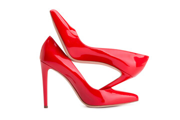 Elegant women's shoes made of red patent leather. Red high-heeled shoes. High heel. Women's shoe park.