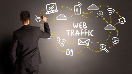 businessman drawing social media icons with WEB TRAFFIC inscription, new media concept