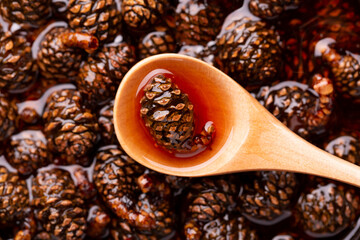 Pine cone jam. Small pine cones in sugar syrup.