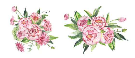 Gordijnen Watercolor floral illustration - leaves and branches frame with flowers and leaves for wedding stationary, greetings, wallpapers, background. Roses, green leaves. High quality illustration © Olesya Frolova