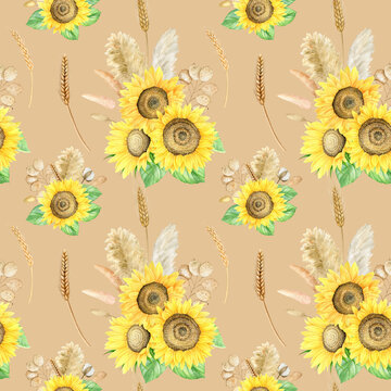 Watercolor sunflowers boho seamless pattern. Bright yellow flowers on beige background.