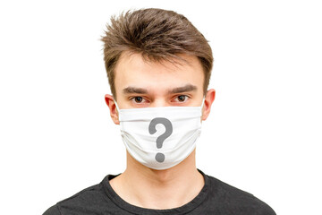 Man with mask and lots of questions. Covid-19 symbol and nescience information about it.