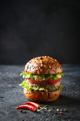 American cuisine. Burger with meat, lettuce^ tomato, onion on a black background with smoke. Chili peppers and spices. Background image, copy space