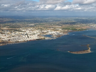 Aerial view of Olhao at the beautiful Algarve coast in Portugal seen on a flight to Faro