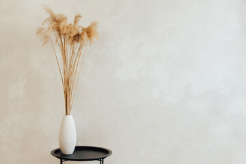 Dry reed in modern white vase on the black stylish table indoor. Blank space for text.